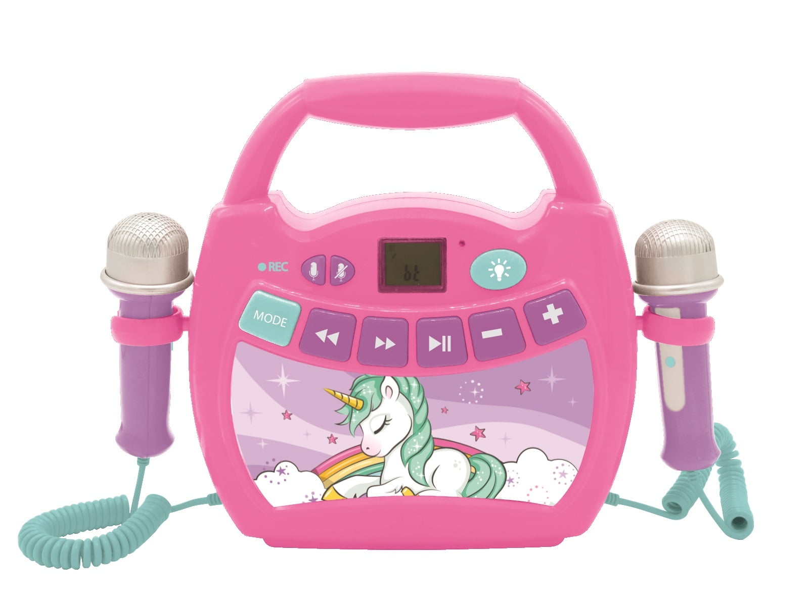 Lexibook Unicorn - Portable karaoke digital player for kids – Microphones, Light effects, Bluetooth, Record and voice changer functions, Rechargeable battery, Pink