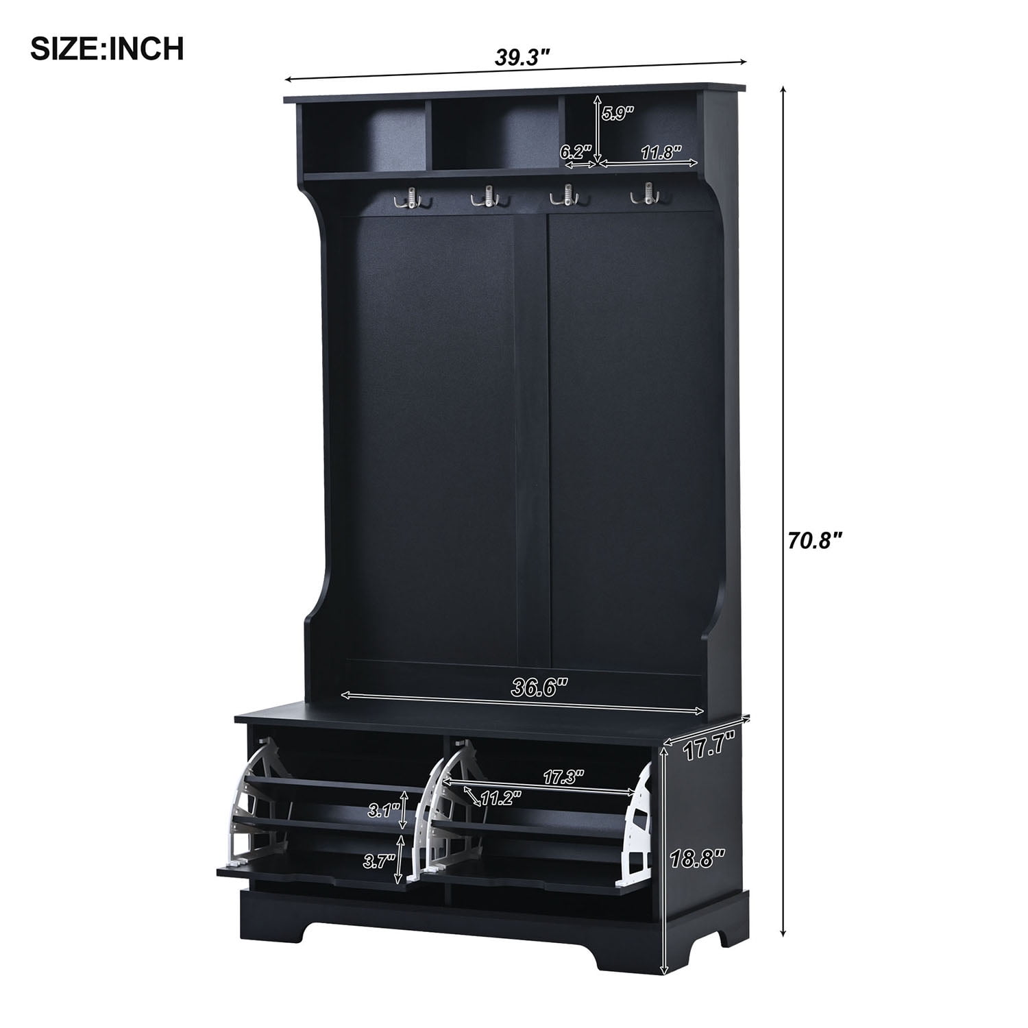 Kadyn All in One Hall Tree, Wide Hall Tree with 3 Top Shelves and 2 Flip Shoe Storage Drawers, Mudroom Hall Tree with Storage Bench and Metal Hanging Hooks, Black