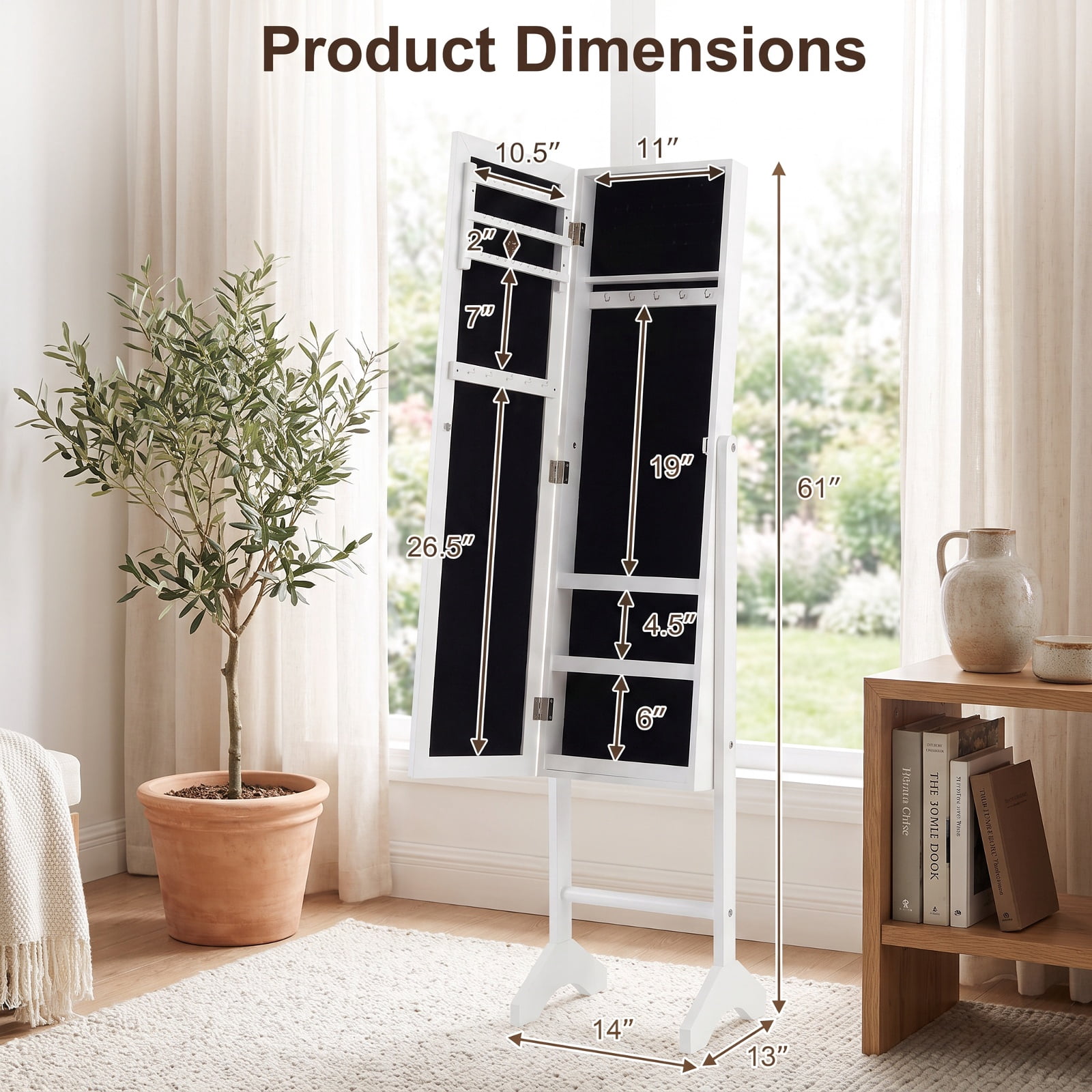 Furnibear Freestanding Jewelry Armoire with Velvet Lining and Full Length Mirror for Bedroom Dressing Room Jewelry Necklace Rings Storage, White