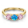 thumbnail image 3 of Gem Stone King 18K Yellow Gold Plated Silver Simulated Blue Opal and Pink Lab Grown Diamond Engagement Ring for Women | 1.50 Cttw | Round Cabochon 5MM | Gemstone October Birthstone | Size 9, 3 of 6