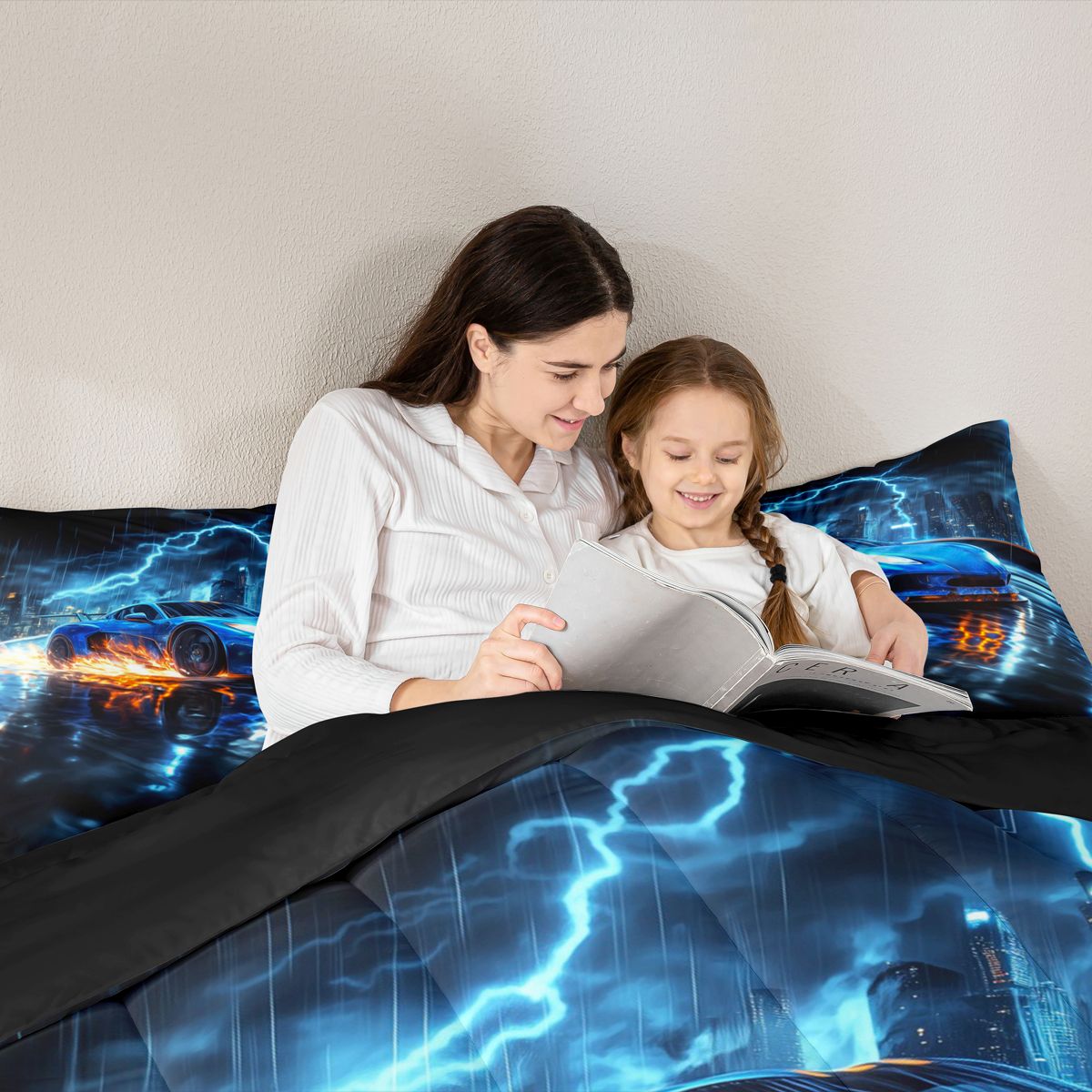 Feelyou Speed Sports Lover Bedding Comforter Set for Kid, Fashion Automobile Twin Comforter Sets, Neon Blue Lightning Reversible Bedding Set, Luxury Bedroom Decor, 2 Pieces