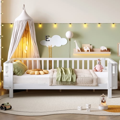 Bellemave Twin Size Bed Frame, Twin Montessori Bed with Safety Guardrails and Detachable Fence, Wood Platform Bed Twin Daybed Frame, Low Profile & Rounded Corners Design, White
