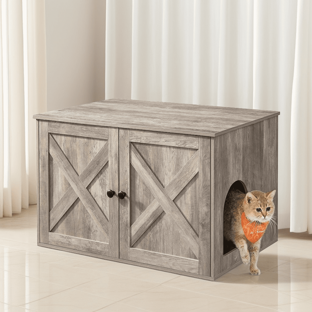LEDREM Cat Litter Box Furniture Enclosure,Multi-Functional Hidden Washroom with Removable Divider for Indoor,M, Heather Greige