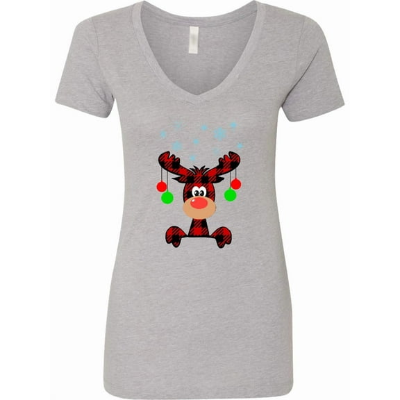 Inktastic Cute Flannel Reindeer with Christmas Bulbs and Snowflakes Women's V-Neck T-Shirt