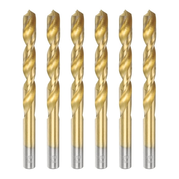 6pcs Titanium Twist Drill Bit 3/8" Drilling Dia High Speed Steel Drills for Hardened Metal, Stainless Steel, Cast Iron, Wood, Plastic