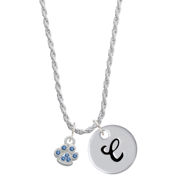 Delight Jewelry Silvertone Mini Paw with Blue Crystals Silvertone Script Initial Disc - C - Charm Necklace, 20"+3"