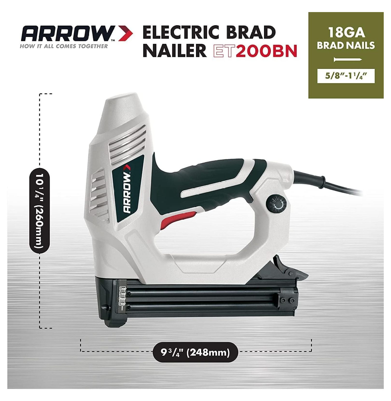 Arrow ET200BN Heavy Duty Electric Brad Nailer, Professional Nail Gun for Trim, Picture Frames, , Fencing, Uses Brad in 5/8", 3/4", and 1"