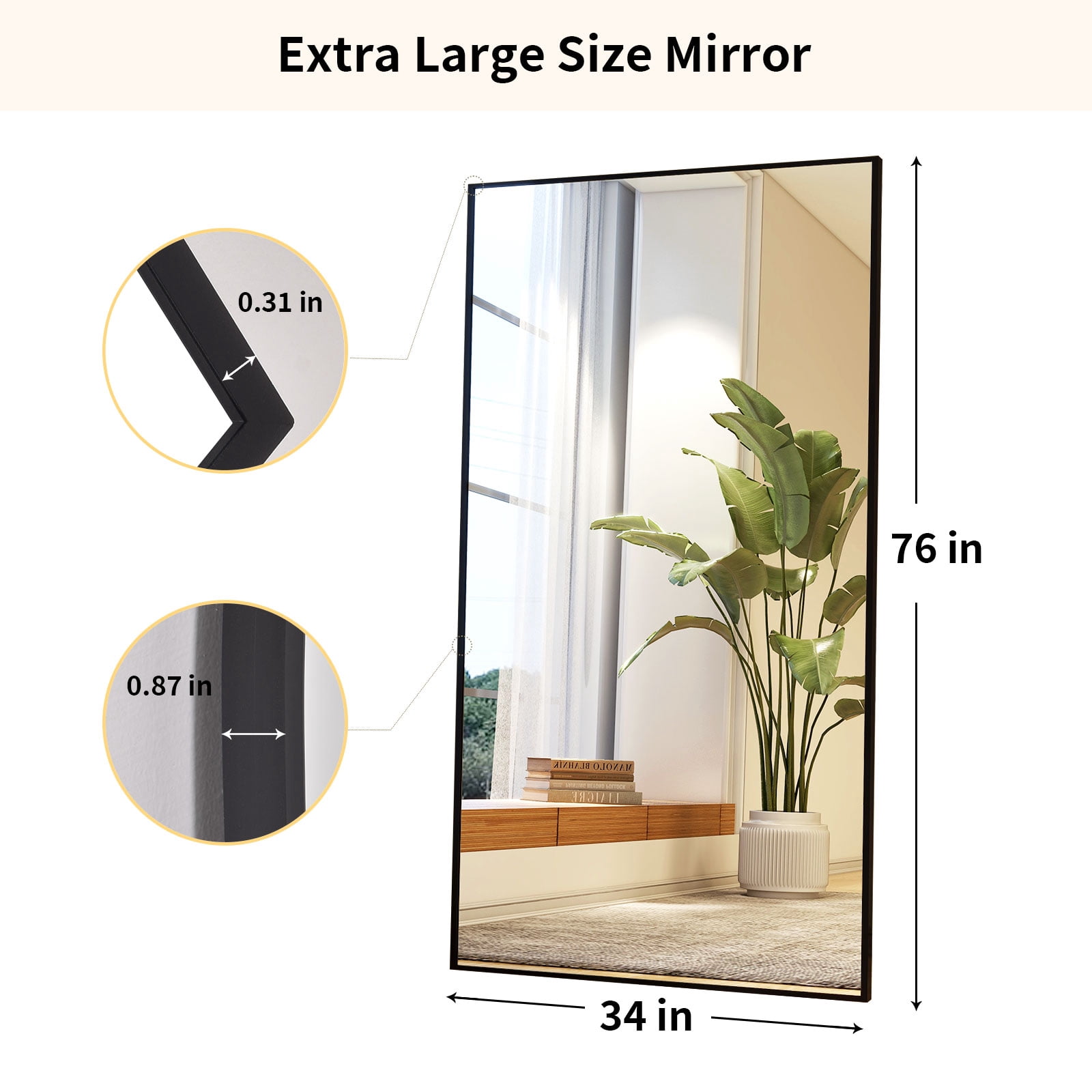 AUROMIR 34"x76" Rectangular Full Length Mirror Full Body Standing Mirror with Metal Frame, Black