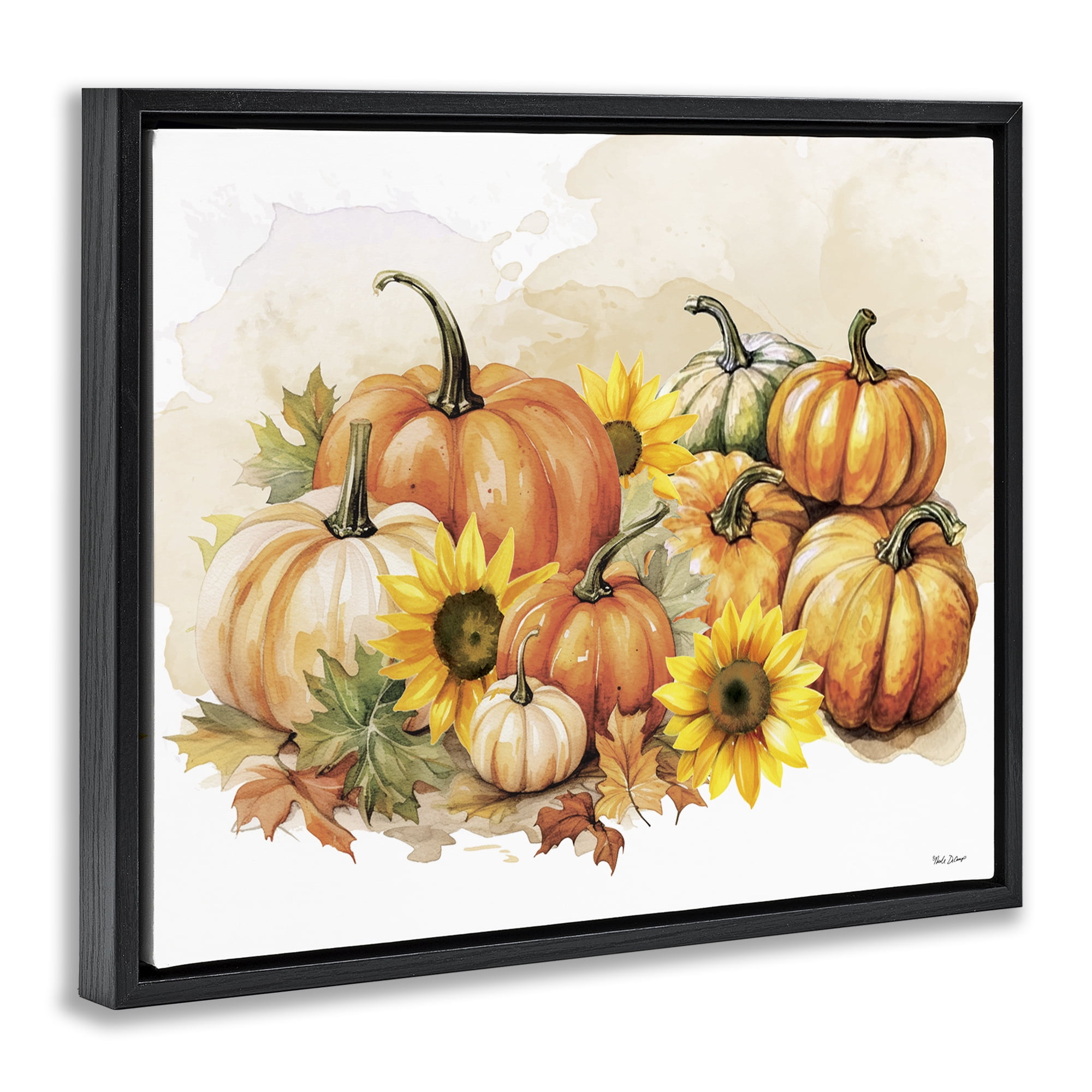 Stupell Industries Pumpkin & Sunflower Bundle Botanical & Floral Painting Black Floater Framed Canvas Art Prints Wall Art, 21 x 17