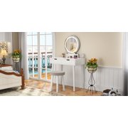 White Vanity Desk with 3-Color LED Mirror & Cushioned Stool – Makeup Table, 2 Drawers, Touch Screen – Bedroom Bathroom Dressing Set