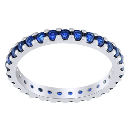 White Sapphire Eternity Ring - Simulated Blue Sapphire Eternity Ring in 14k White Gold Over Sterling Silver Ring Size : 9