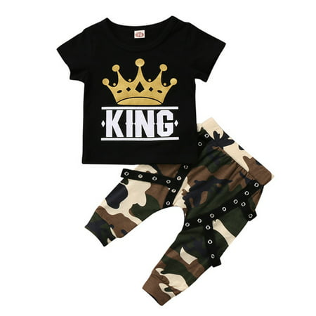Toddler Baby Kid Boys Short Sleeve Crown King T-shirt Top With Camo Pant