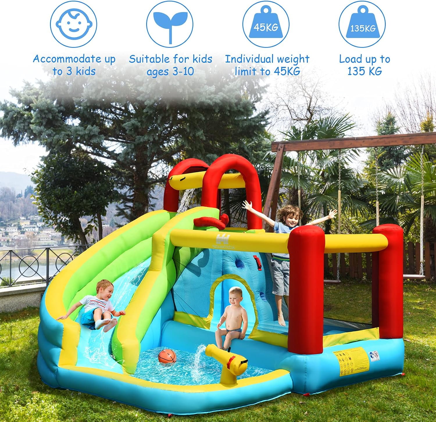 OLAKIDS Inflatable Water Slide, 6 in 1 Bounce House with Slide, Climbing Wall, Splash Pool, Basketball Rim, Water Blaster, Outdoor Water Park Jumping Castle with Carrying Bag, Hose