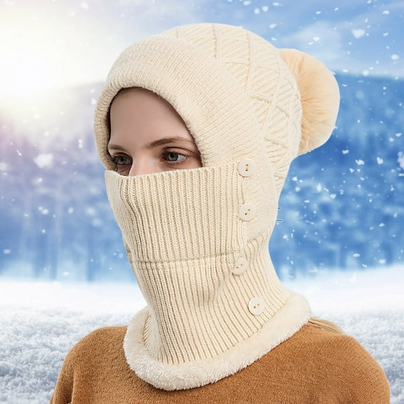 Dyfzdhu Women Winter Outdoor Riding Headgear Cold-Proof Ski Cap Warm Bib Face Mask Integrated Hood Hat Beige