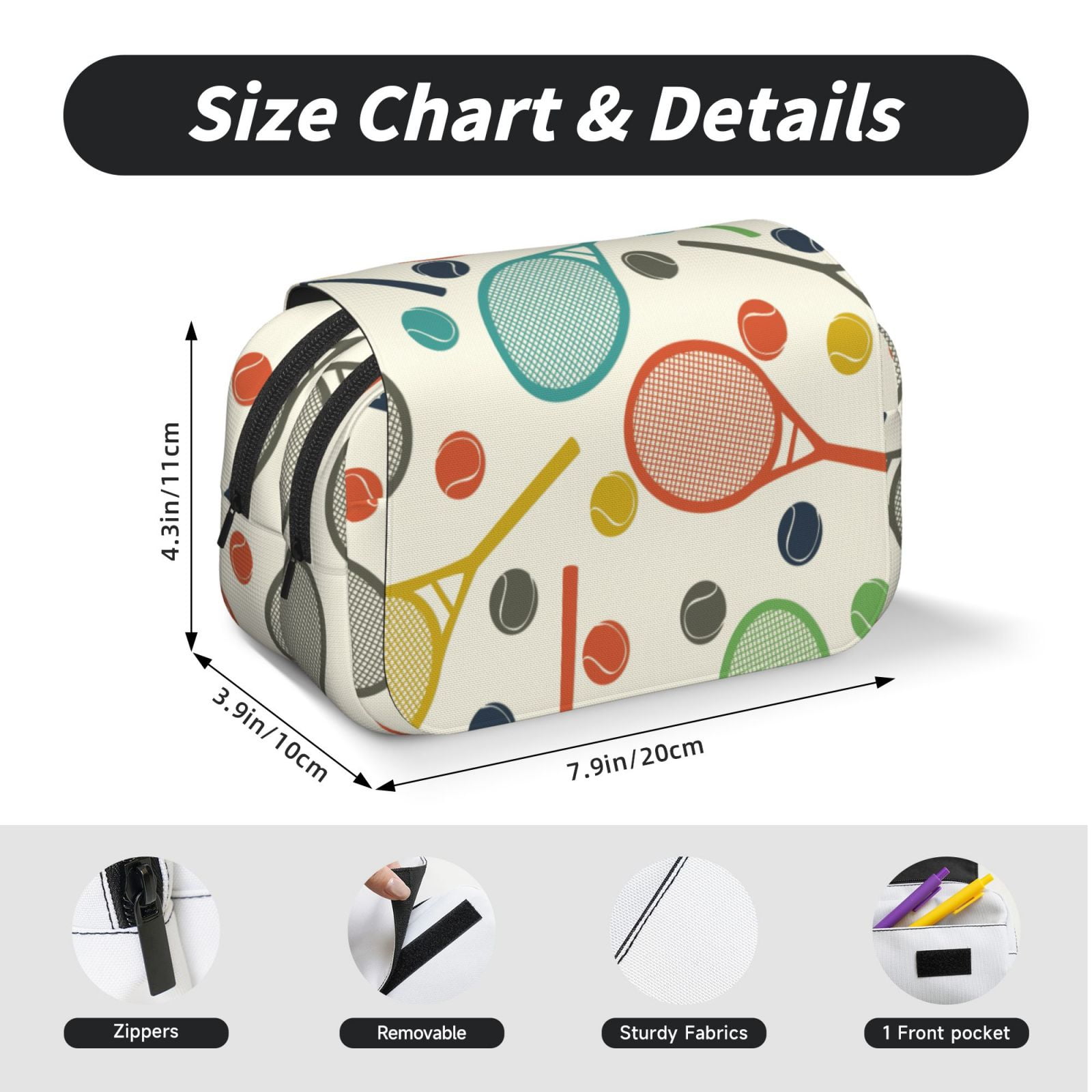 Rateoe Racket and Tennis Ball Pattern Double Clamshell Pen Case, Storage Organizer with Two Zipper Compartments– Holds Up to 50 Pencils & Pens