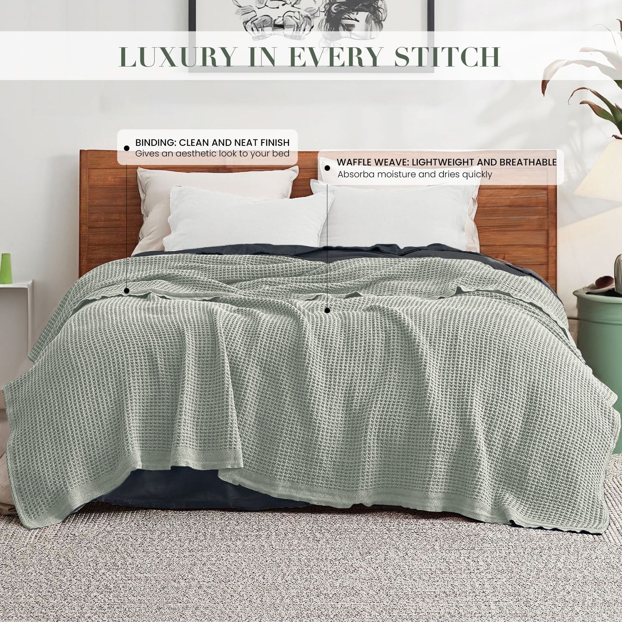 Top Cotton Queen Waffle Throw Blanket for Couch (90" x 92"), 100% Cotton Throw Blankets for Bed, Waffle Queen Blanket for Bed (Sea Foam)
