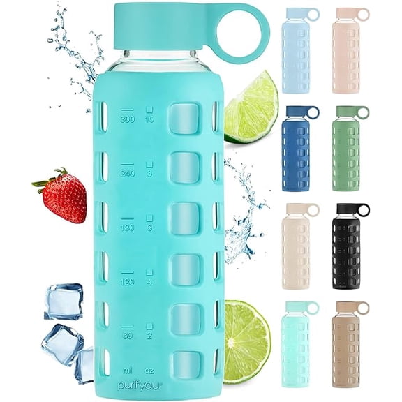 purifyou Premium 40/32 / 22/12 oz Glass Water Bottles with Volume & Times to Drink, Silicone Sleeve & Stainless Steel Lid Insert, Reusable Bottle for Fridge Water, Milk, Juice
