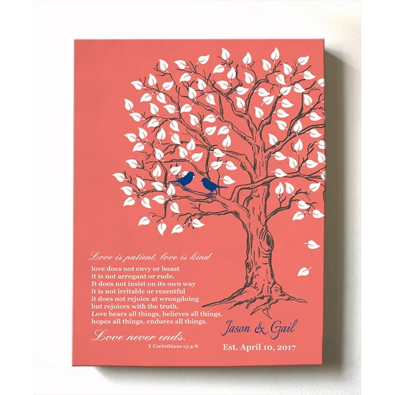 MuralMax Personalized Anniversary Family Tree Artwork - Love is Patient Love Is Kind Bible Verse - Unique Wedding & Housewarming Canvas Wall Decor Gifts - Color Coral - Size - 12x16