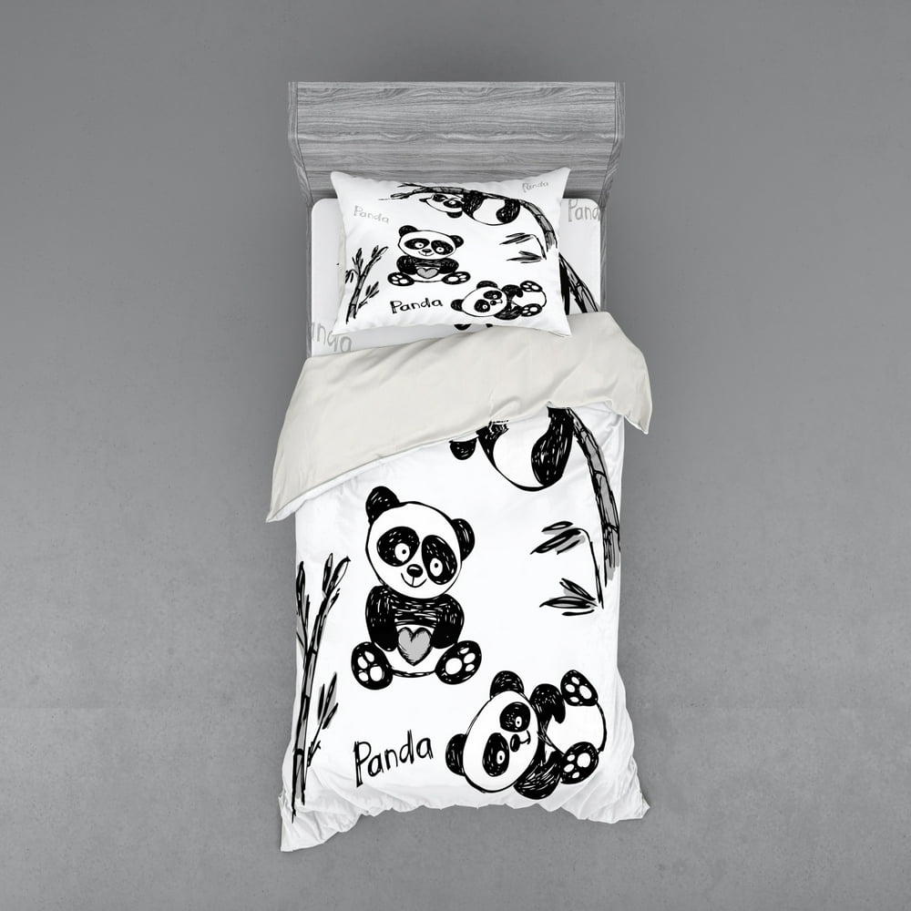 Panda Duvet Cover Set, Cheerful Animal Different Poses Bamboo Branch