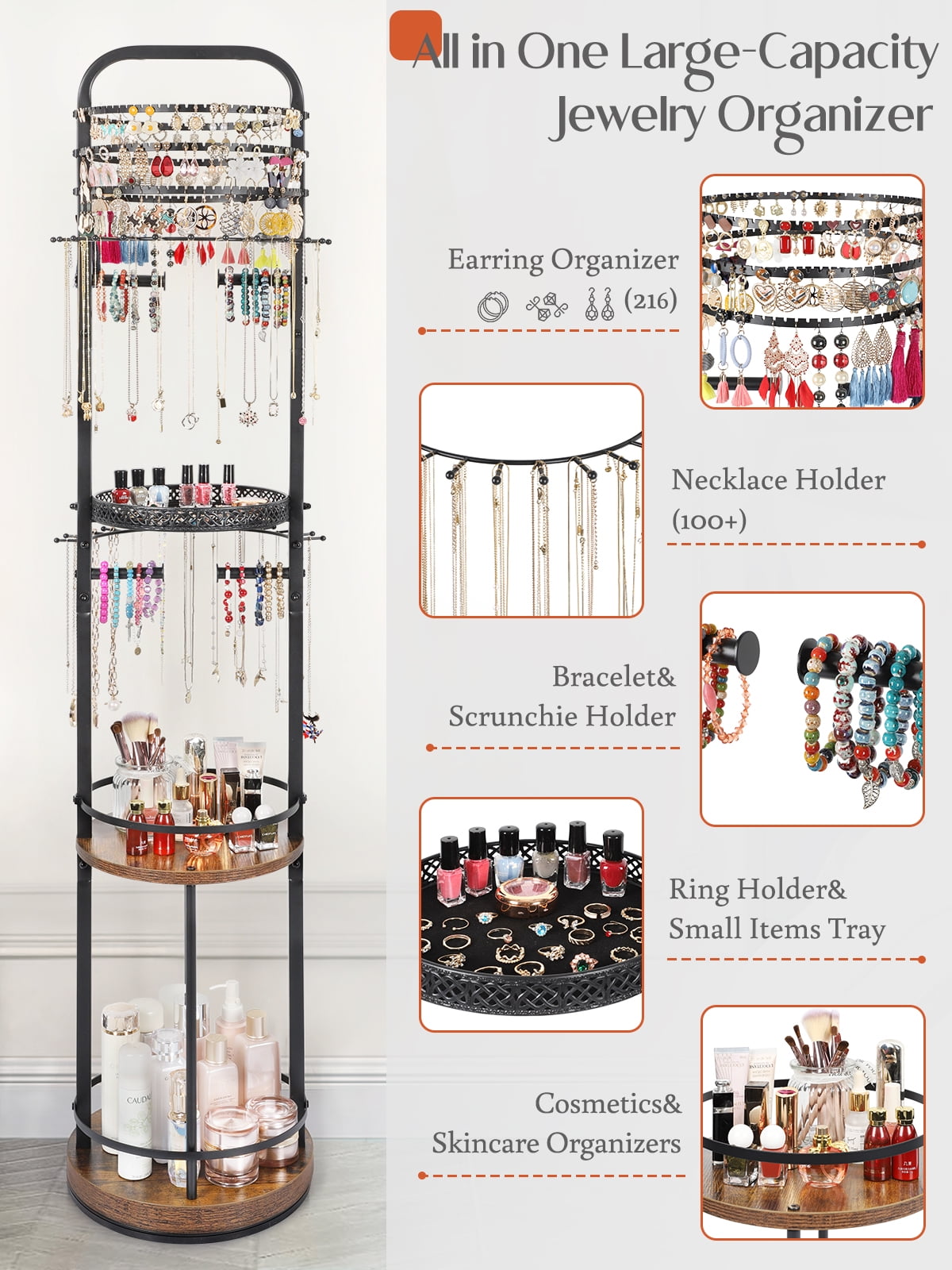 Olakee Rotating Large-Capacity Jewelry Organizer Stand for Earring, Necklace, Bracelet, Ring, Durable Metal & Wood, Girls & Women, Modern, Brown & Black