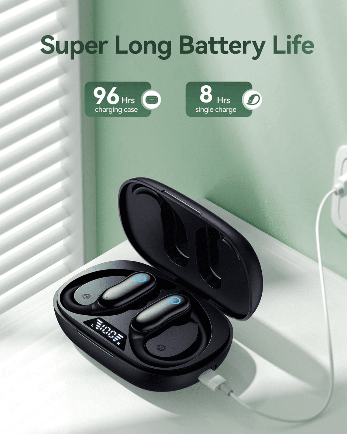 GNMN Active Noise Cancelling Ear Buds Wireless Earbuds 96hrs Playback Bluetooth Headphones Dual Battery Display Stereo Bass Earphones with Earhooks Microphone IPX7 Waterproof for Sports/Workout