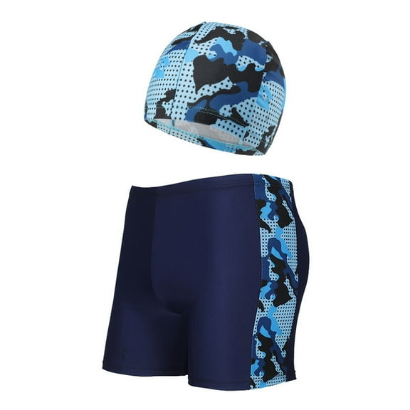 Odeerbi 7-16 Years Kids Boys Beach Swim Trunks with Swim Cap Set Hawaiian Print Swimming Trunks Quick Drying Swimsuit Shorts Fashion Summer Swim Shorts Two-piece Set
