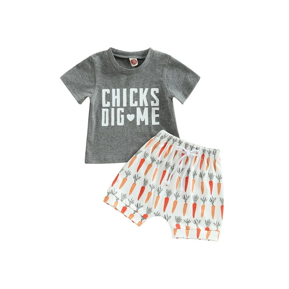 Easter Baby Boy Short Sleeve Letter Print T-shirt Tops Carrot/Bunny Shorts Toddler 2Pcs Easter Clothes