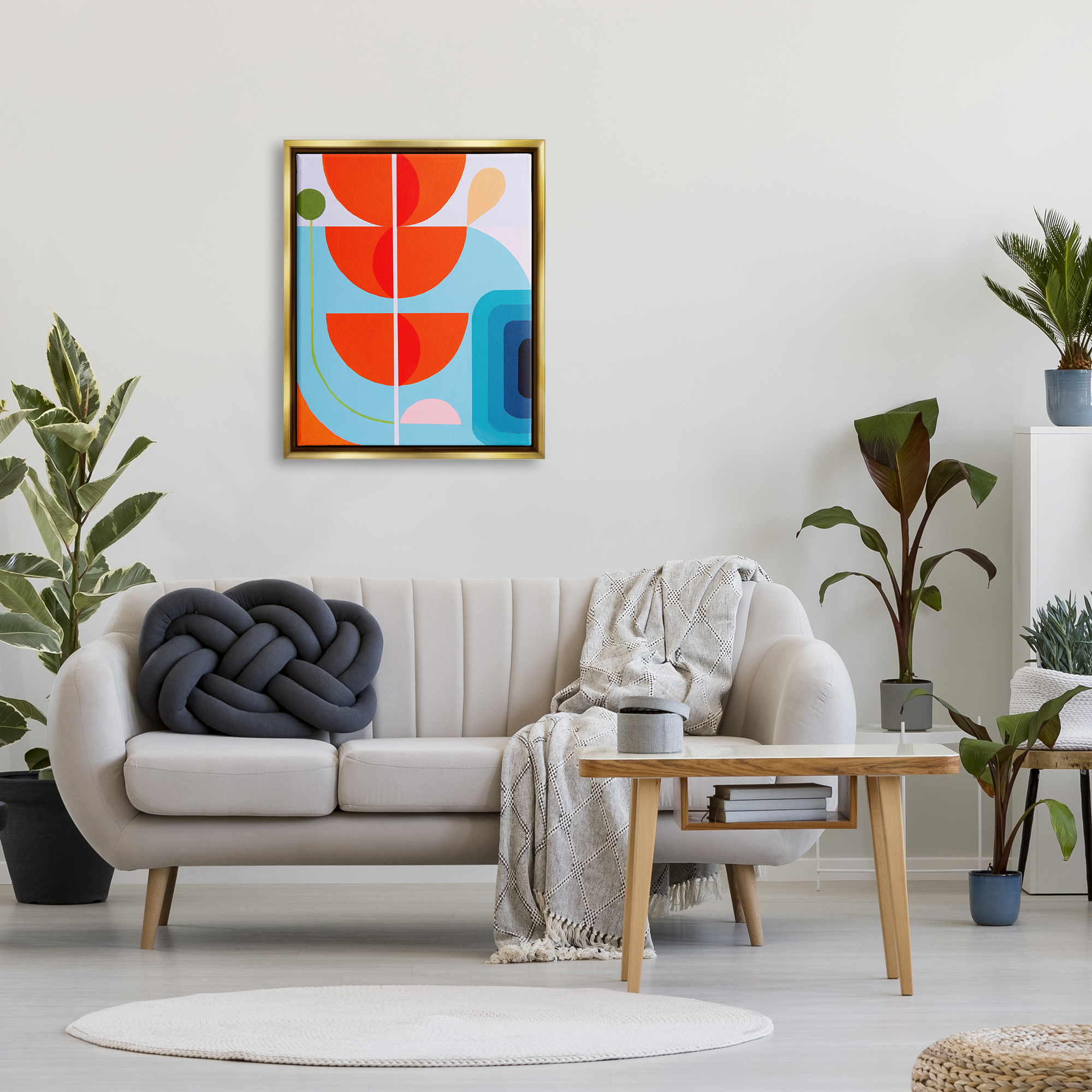 Stupell Industries Red & Blue Modern Shapes Abstract Painting Gold Floater Framed Canvas Art Print Wall Art, 25 x 31