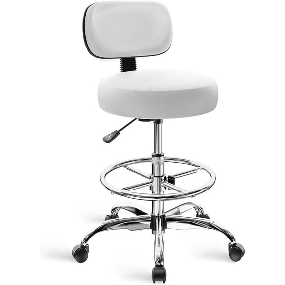 Drafting Chair with Back, Adjustable Foot Rest Rolling Stool, Multi-Purpose Office Desk Chair, Thick Seat Cushion for Home Bar Kitchen Shop -White
