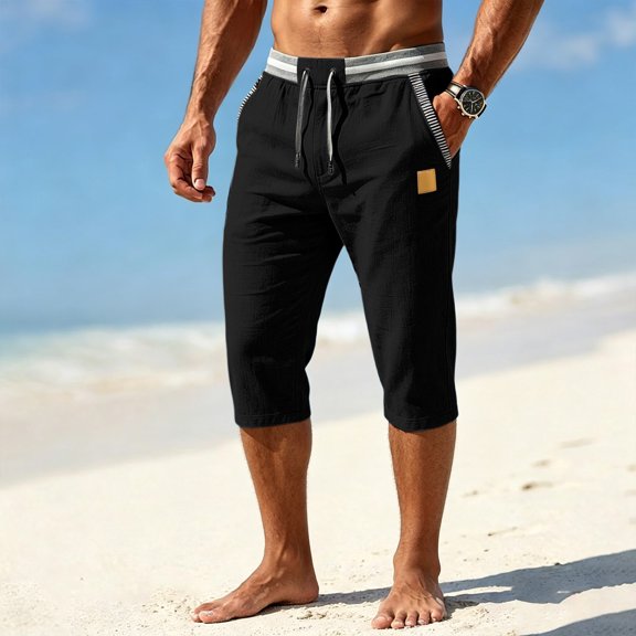 BRELIL Men Plus Size Capri Pants Drawstring Loose Fit Summer Casual Beach Vacation Shorts Lounge Trousers Solid Outdoor Travel Bottoms, Black 3XL