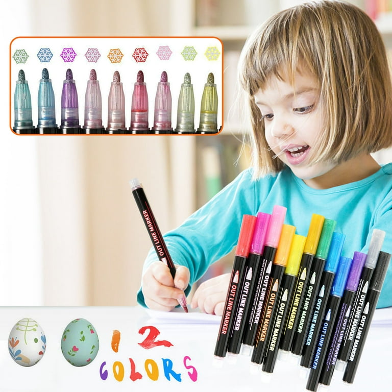Dengmore Drawing Double Line Pen Color Hand Account Pen Dream Metal Pen  Hand painted 12 Color Highlighter Marker Pen MultiColor 