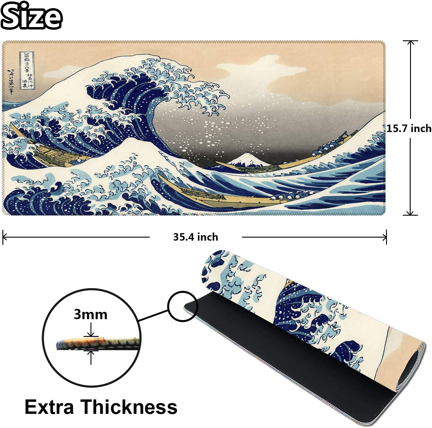 Kanagawa Wave Large Gaming Mouse Pad (35.4×15.7 in, 3mm Thick), Non-Slip Rubber Base and Reinforced Lock Edges, XXL Extended Mousepad for Work, Game, Desk mat, Desktop Decoration