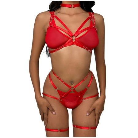 

Women s Garter Lingerie Sexy See-through Sheer Mesh Choker Babydoll Strappy Teddy Underwear Set