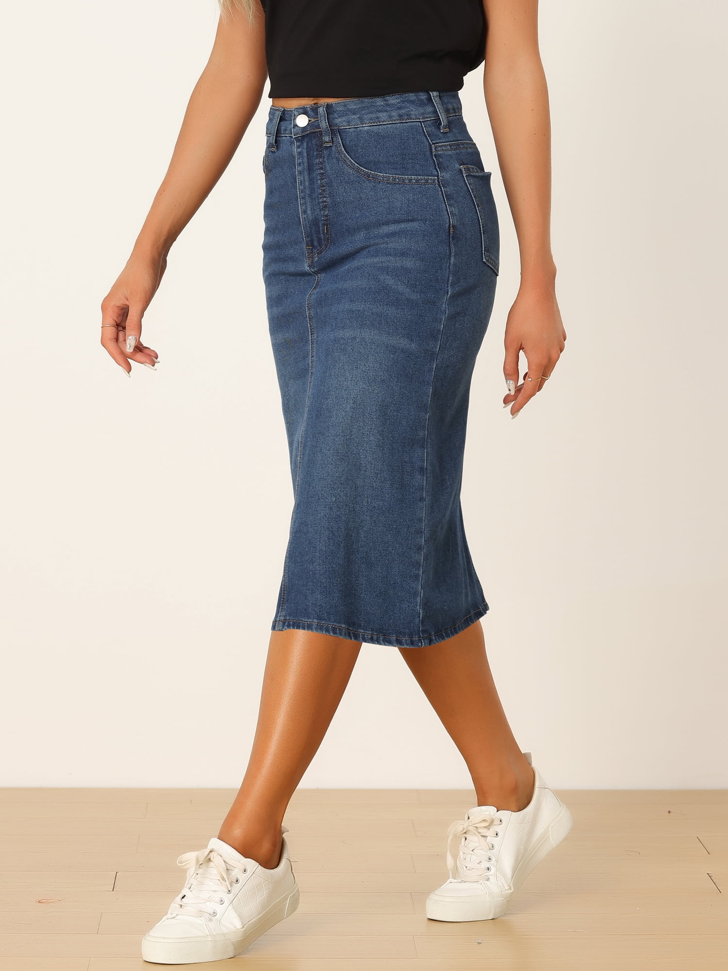DARING DIVA Women's Denim Split Back Pockets Midi Jean Skirts L Blue