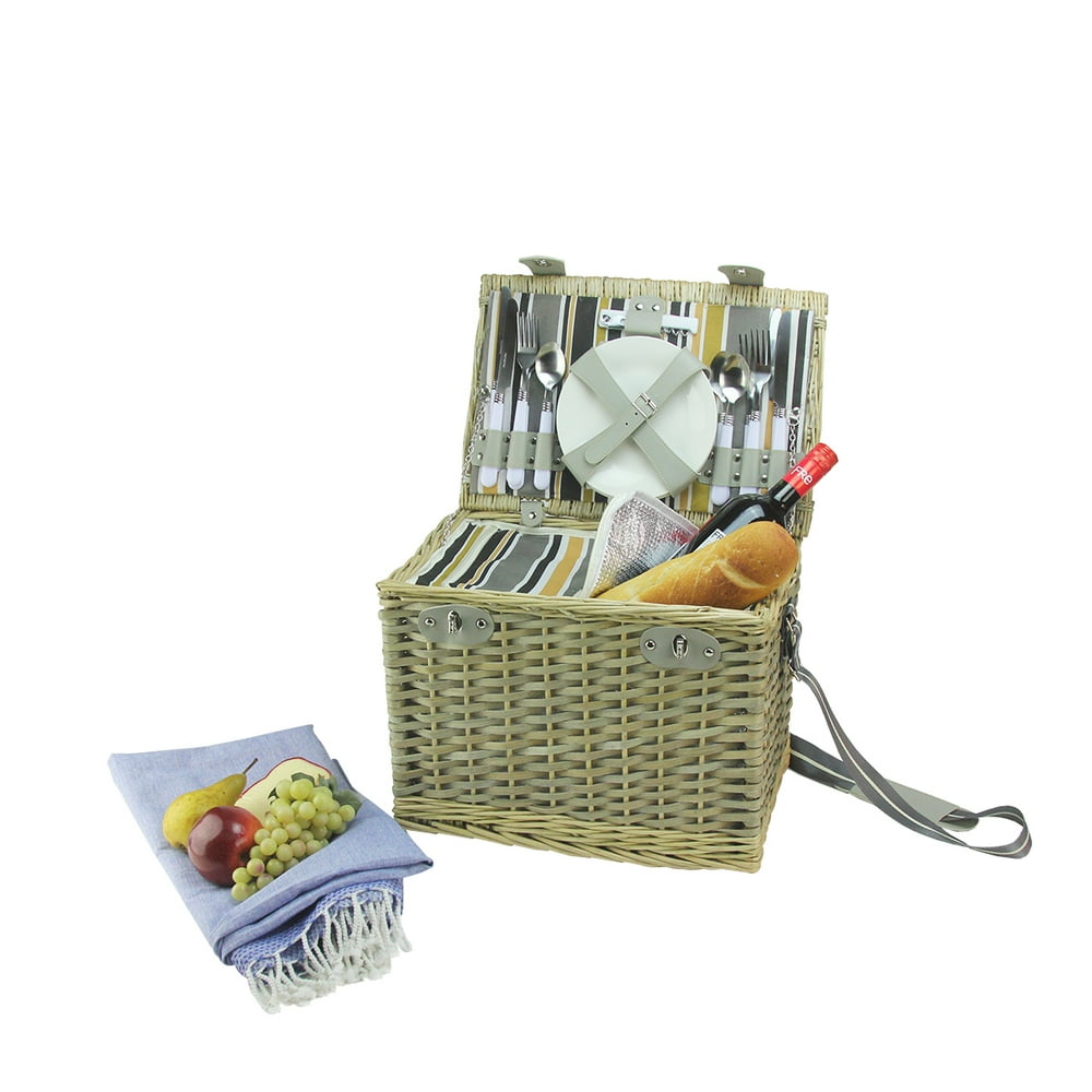 Northlight 15.25" Hand Woven Natural Willow Insulated 4Person Picnic Basket and Accessory Set