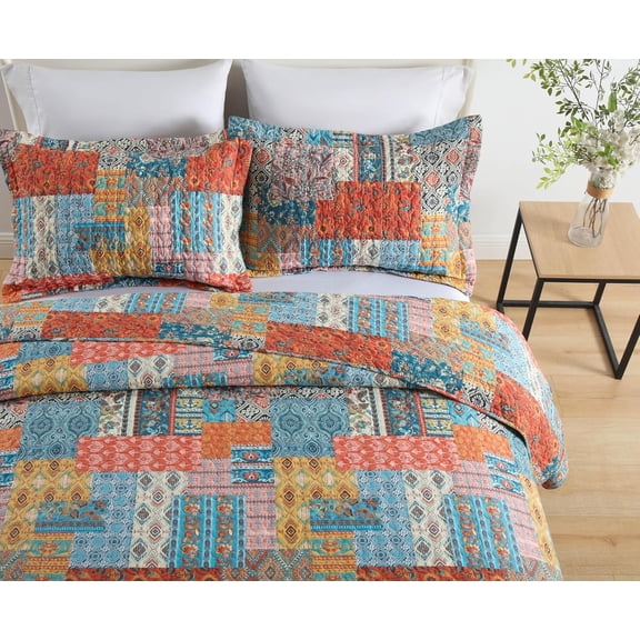 Cotton Bedspread Quilt Sets Reversible Coverlet Sets Comforters Vintage Bohemian Patchwork Bedspread,Orange,King Size