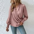thumbnail image 7 of XFLWAM Women's Satin Silky Cowl Neck Tops Draped Wrap V Neck Ruched Front Long Sleeve Blouse Solid Color Shirt with Smocked Cuff Pink S, 7 of 7