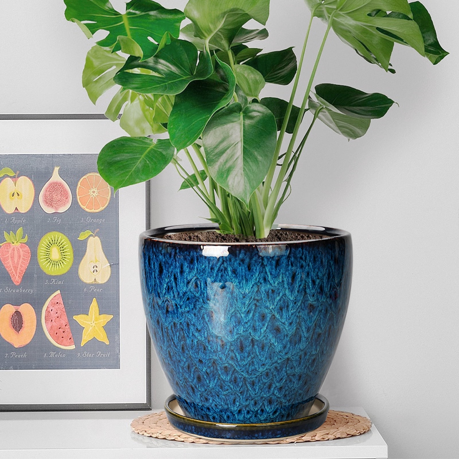 8 inch Blue Ceramic Planter with Drainage Hole & Saucer,Modern Reactive Glaze Flower Pot for Indoor Outdoor Large Plants, Home Decor & Patio