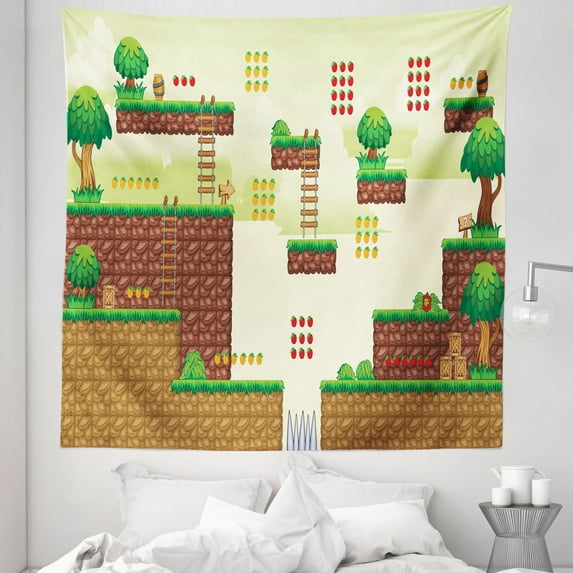 Arcade Tapestry, Ground Tiles Trees Computer Game Platform Lucky Points Video Games, Fabric Wall Hanging Decor for Bedroom Living Room Dorm, 5 Sizes, Pale Green Brown, by Ambesonne