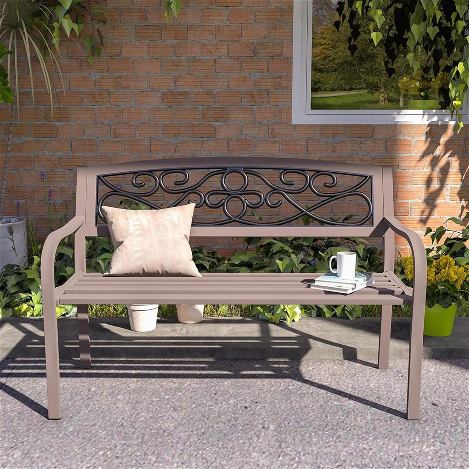 Demi Bonn Patio Garden Bench Metal Park Bench, Outdoor Benches Furniture with Floral Pattern Backrest & Slatted Seat for Patio, Park, Lawn, Yard, Brown