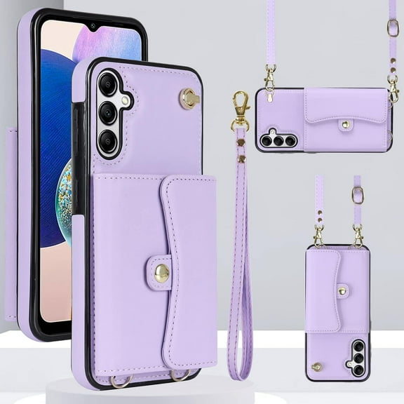 Phone Case for Samsung Galaxy A14/M14 5G Wallet Cover with RFID Blocking Credit Card Holder Wrist Crossbody Strap Lanyard Stand Leather TPU Cell Accessories A 14 4G 14A 14M G5 Women Men Puprle