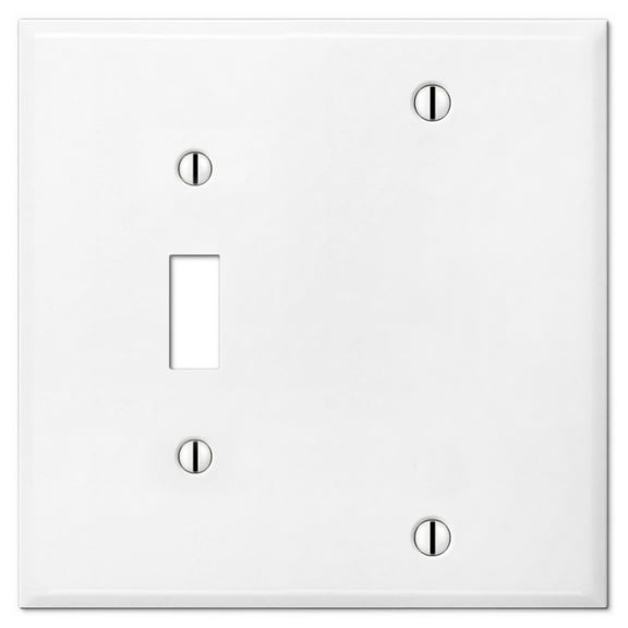 2 Gang Metal Combination Switch Plate, 1 Blank with 1 Toggle Style Opening Combo Switch Cover Plate, Two Gang White Blank and Toggle Wall Plate - White - UL Listed, 4.5" x 4.5" - Made in USA