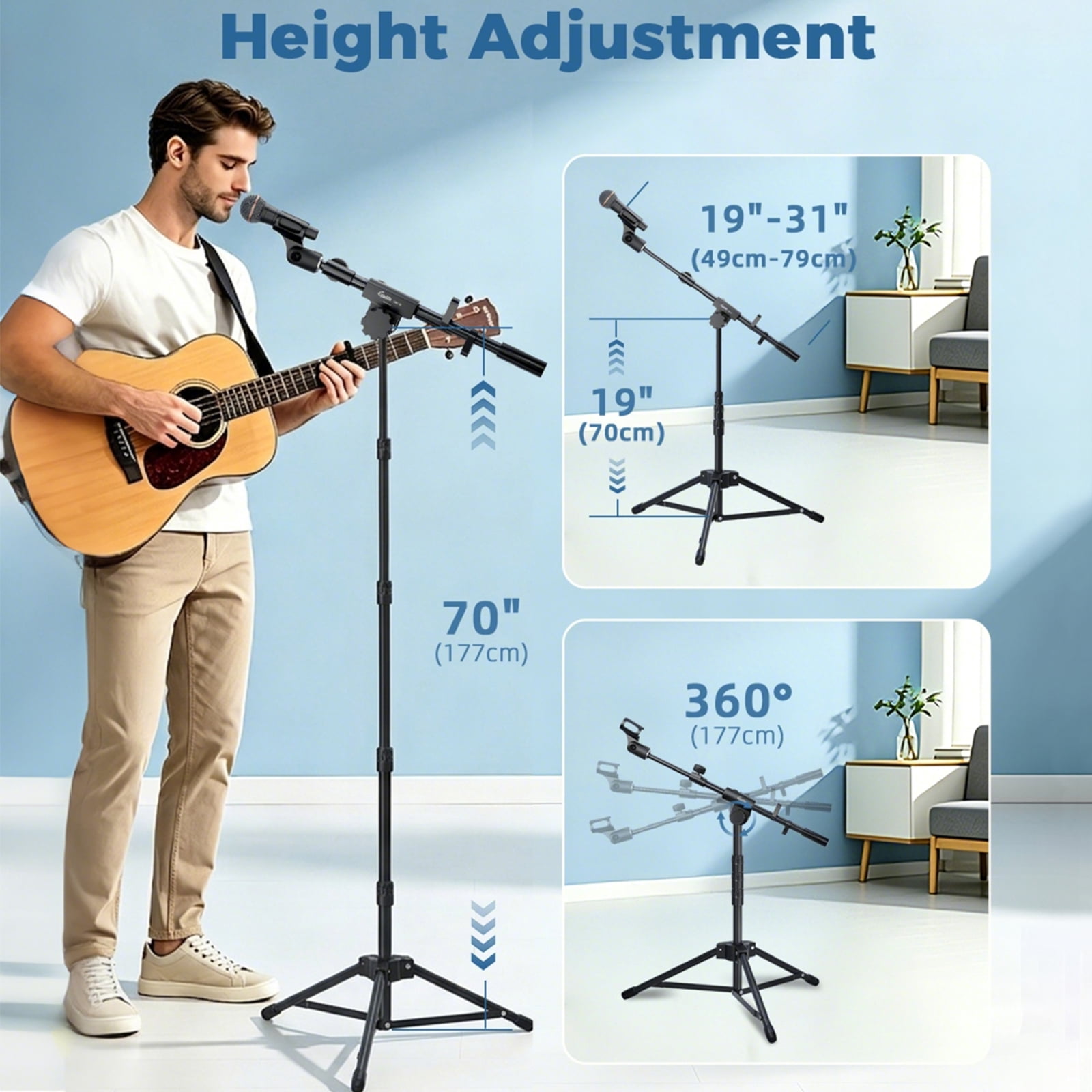 GUITTO Portable Travel Microphone Floor Stand, 70" Adjustable Height with Boom Arm with Carrying Bag for Performances On-the-Go Recording