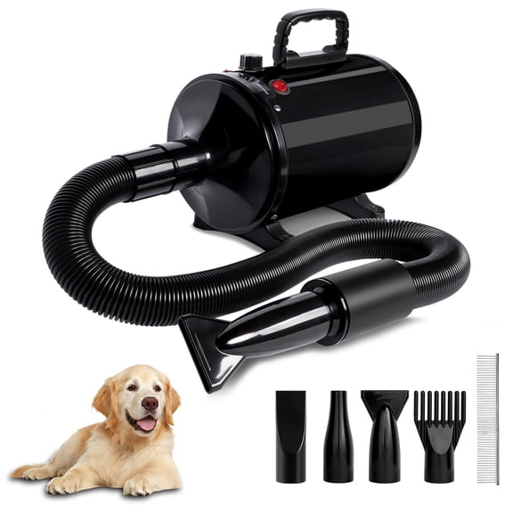 Hidpriva 2800W Dog Hair Dryer Quick Dry Noise Reduction Pet Hair Dryer Home Use Professional Stepless Adjustable Speed Spring Hose 4 Nozzles Dog Blow Dryer for Grooming with Heater, Black