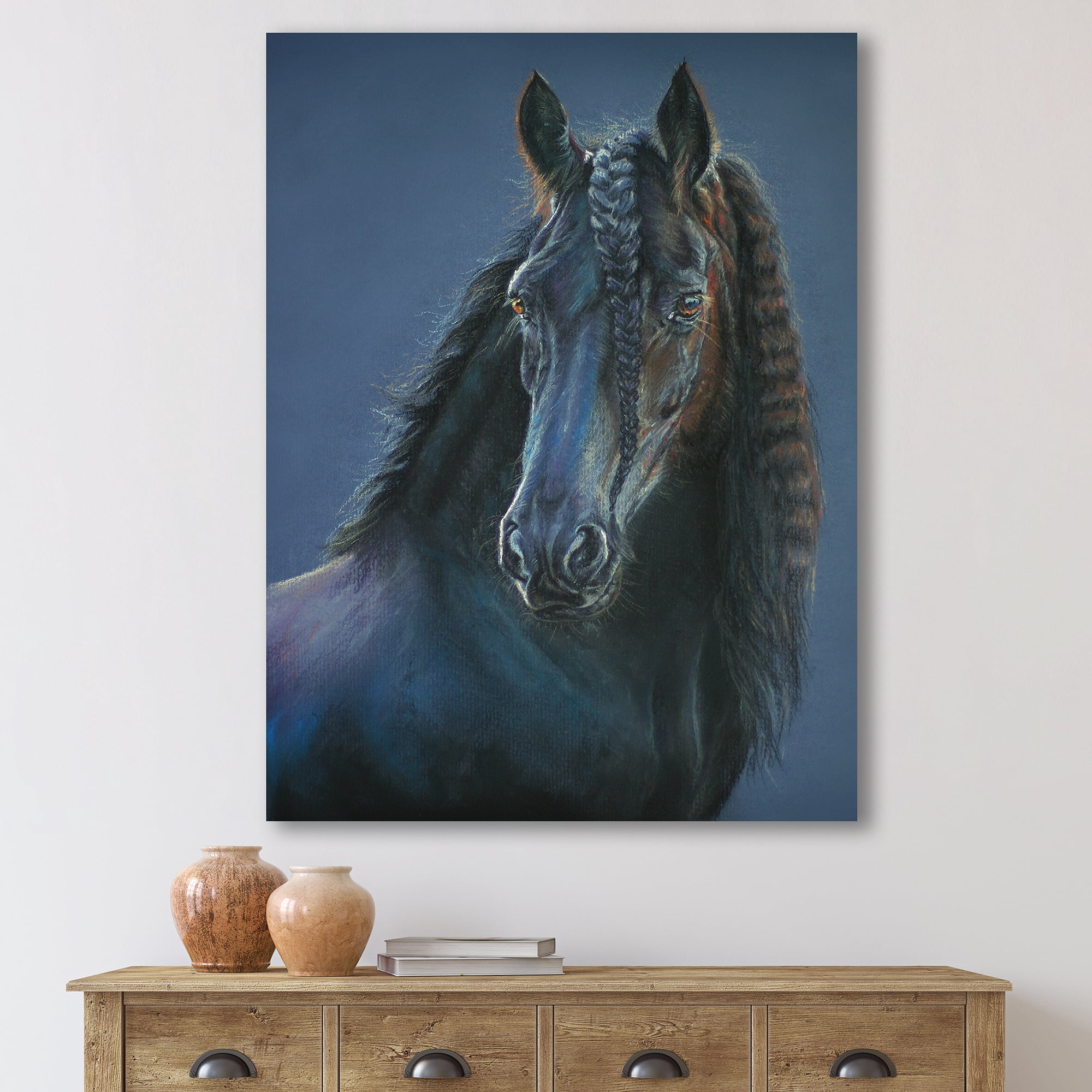 Designart ' Frisian Black Horse Portrait ' Farmhouse Canvas Wall Art Print