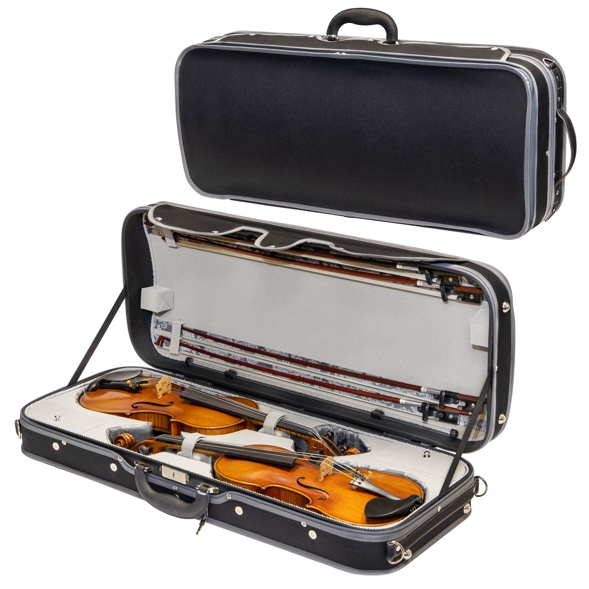 MI&VI NN-8001W Professional Double Violin Travel Case 4/4 (Full Size) Silk Interior | Hardwood Shell | Adjustable Straps | Fits Two 4/4 Full Size Violins - MIVI Music