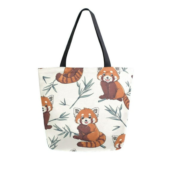 Open Top Canvas Tote Bag with Zipper Reusable Shopping Bag 13.5x15" Roomy Carryall Red Panda Pattern