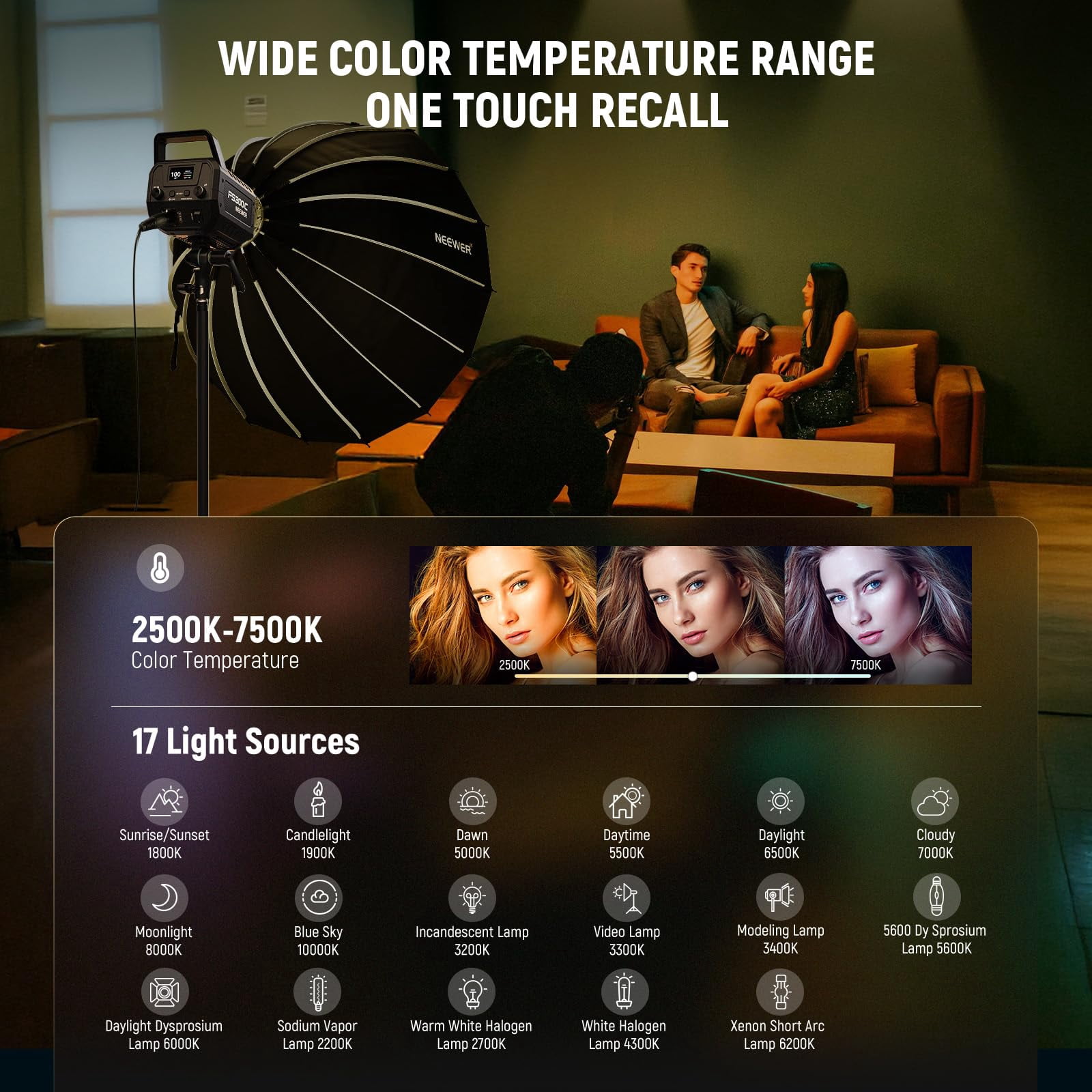 Neewer FS300C 300W RGB COB Video Light, 2500-7500K, 29000lux/1m, CRI95+, Bowens Mount, App/2.4G Control
