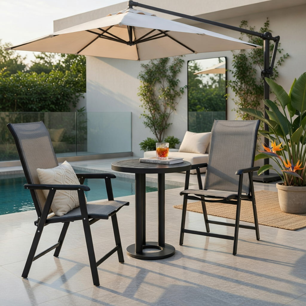 Hommoo 2-Pack Foldable Outdoor Patio Chairs, Steel Frame, Weather-Resistant Fabric, Lightweight & Space-Saving for Backyard, Deck, or Indoor Use, Gray