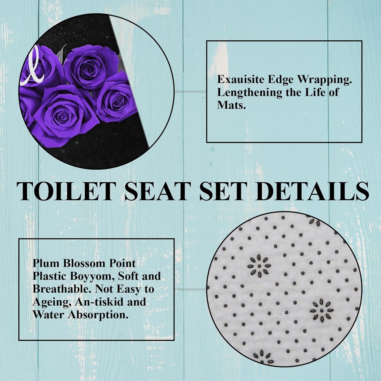 Purple Rose Shower Curtain Sets, Thankful Grateful Blessed Bathroom Curtain with Non-Slip Rug, Toilet Lid Cover, Bath Mat and 12 Hooks, Romantic Showy Floral Wedding Decor for Bath
